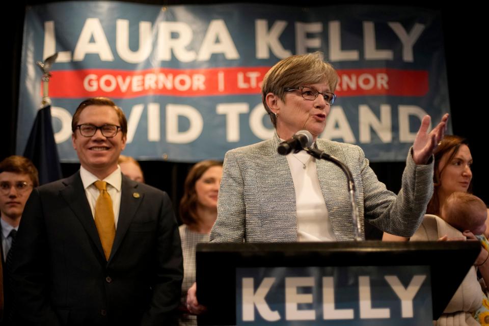 Kansas Gov. Laura Kelly speaks to supporters at an election night party after calling it a night with the race too close to call on Nov. 9, 2022, in Topeka, Kan. Kelly was declared winner later that day.