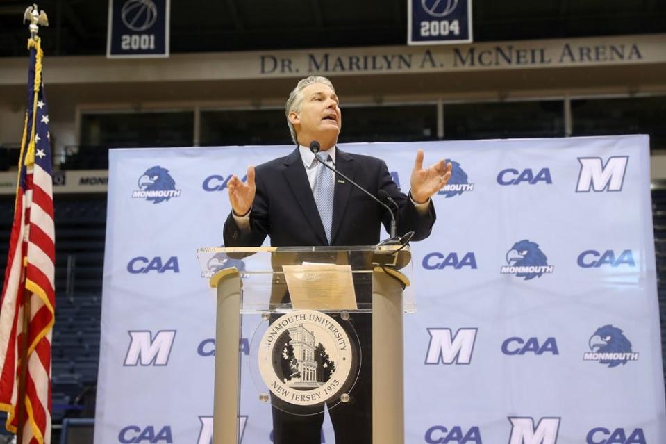 Monmouth President Patrick Leahy addresses the crowd inside OceanFirst Bank Center in West Long Branch on Jan. 26, 2022, during a ceremony announcing the school's move to the Colonial Athletic Association.