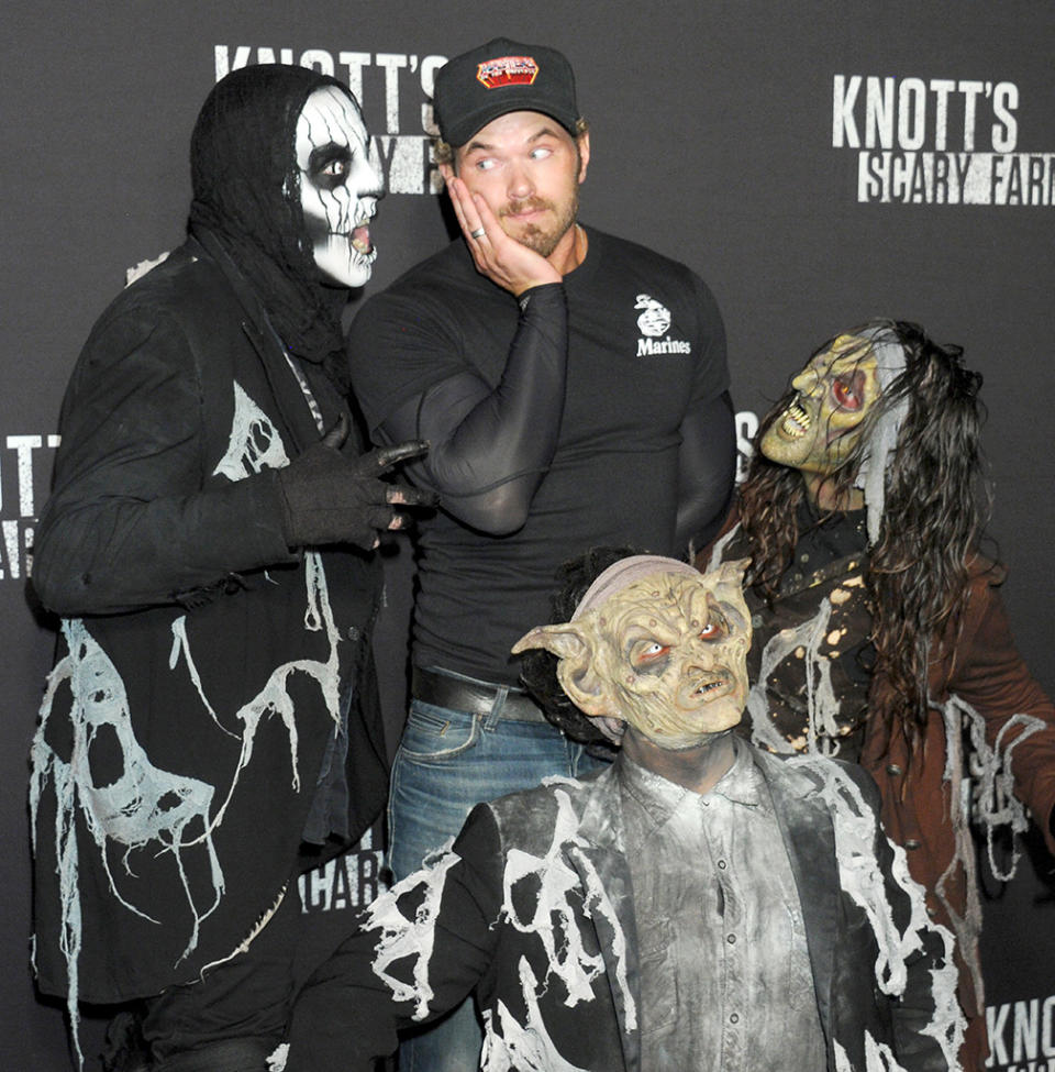 <p>Though he played a vampire in the <i>Twilight</i> movies, Kellan Lutz appeared to be a tad concerned when he found himself surrounded by these, er, interesting creatures. (Photo: Gregg DeGuire/WireImage) </p>