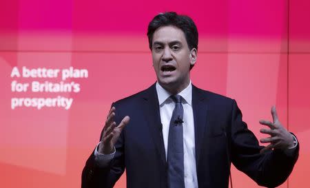 Britain's opposition Labour Party leader Ed Miliband speaks at the presentation of their business manifesto in central London March 30, 2015. REUTERS/Peter Nicholls