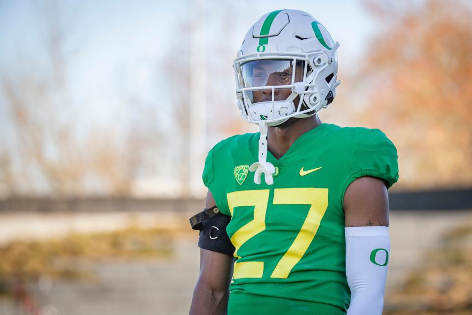 Oregon defensive back Daylen Austin during practice with the Oregon Ducks April 2 in Eugene.