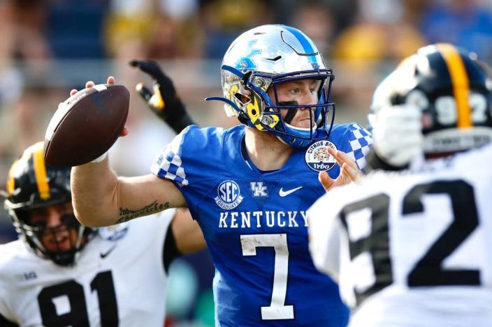 Kentucky’s Will Levis looked to pass the ball against Iowa during the Citrus Bowl in Orlando, Fla., on Saturday, Jan. 1, 2022.