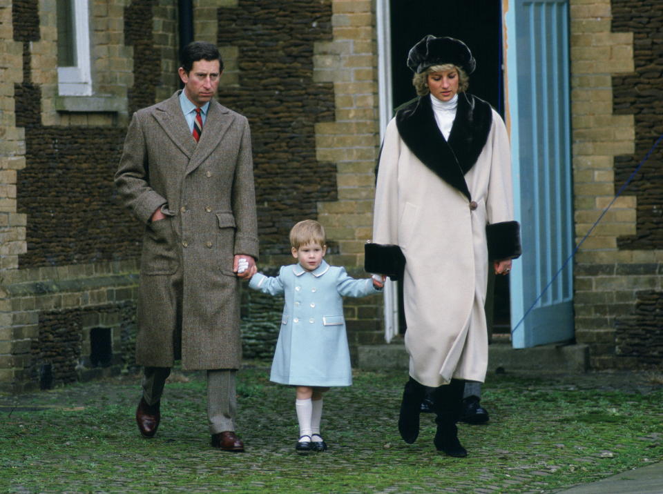 Prince Charles, Prince Harry and Princess Diana arrive for a photocall at Sandringham