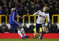 <p>Britain Football Soccer – Tottenham Hotspur v Chelsea – Premier League – White Hart Lane – 4/1/17 Tottenham’s Dele Alli in action with Chelsea’s David Luiz Action Images via Reuters / Andrew Couldridge Livepic EDITORIAL USE ONLY. No use with unauthorized audio, video, data, fixture lists, club/league logos or “live” services. Online in-match use limited to 45 images, no video emulation. No use in betting, games or single club/league/player publications. Please contact your account representative for further details. </p>