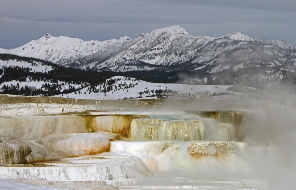 Steam rises from Canary Spring at Mammoth Hot Springs in Yellowstone National Park.