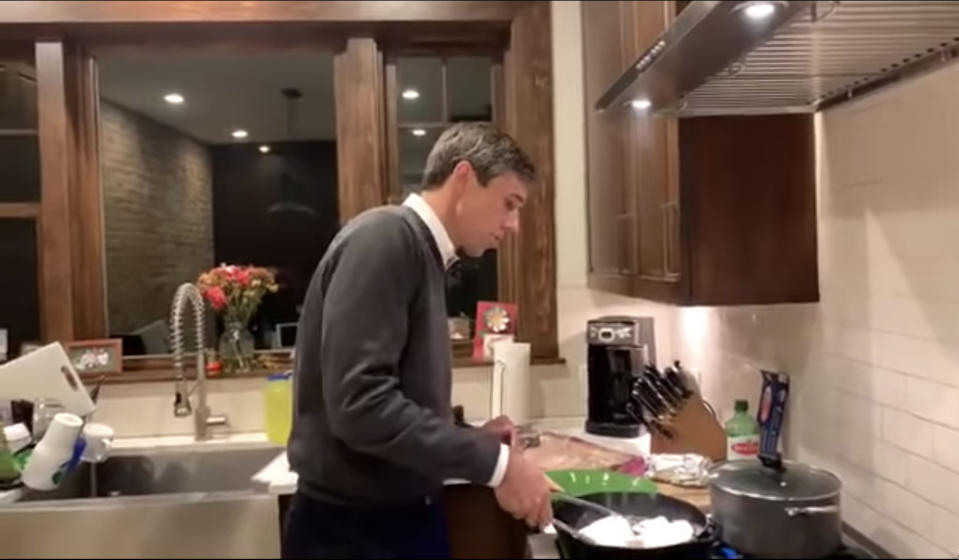 A screengrab from Beto O’Rourke’s cooking video on Facebook.