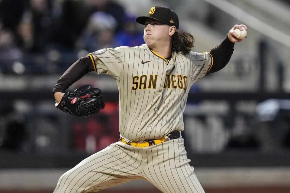 San Diego Padres' Ryan Weathers pitches during the first inning of the team's baseball game against the New York Mets on Tuesday, April 11, 2023, in New York. (AP Photo/Frank Franklin II)