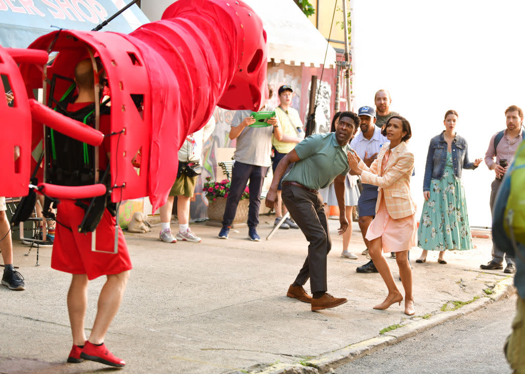 Actors Keith Ewell and Bear Allen Blaine film the live-action "Clifford the Big Red Dog" on July 2, 2019 in New York City. (Photo: James Devaney/GC Images)