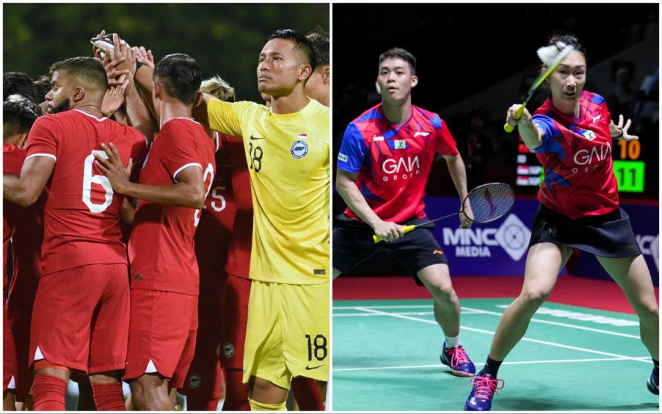 The Singapore men's football team (left) defeated Chinese Taipei 3-1 in a friendly, while mixed doubles shuttlers Terry Hee and Jessica Tan reached the Hong Kong Open quarter-finals. (PHOTOS: FAS/Getty Images)