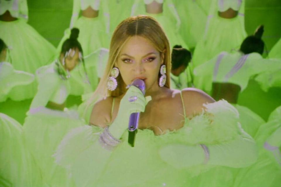 Singer-songwriter Beyonce performs during the 94th Oscars at the Dolby Theatre in Hollywood, California on March 27, 2022. (Photo by Robyn Beck / AFP) (Photo by ROBYN BECK/AFP via Getty Images)