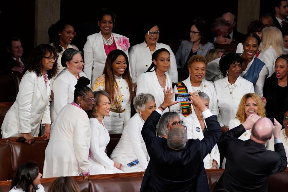 Democratic members of the House of Representatives wear white to call attention to women's rights at the State of the Union address to Congress at the U.S. Capitol in Washington on March 7, 2024.