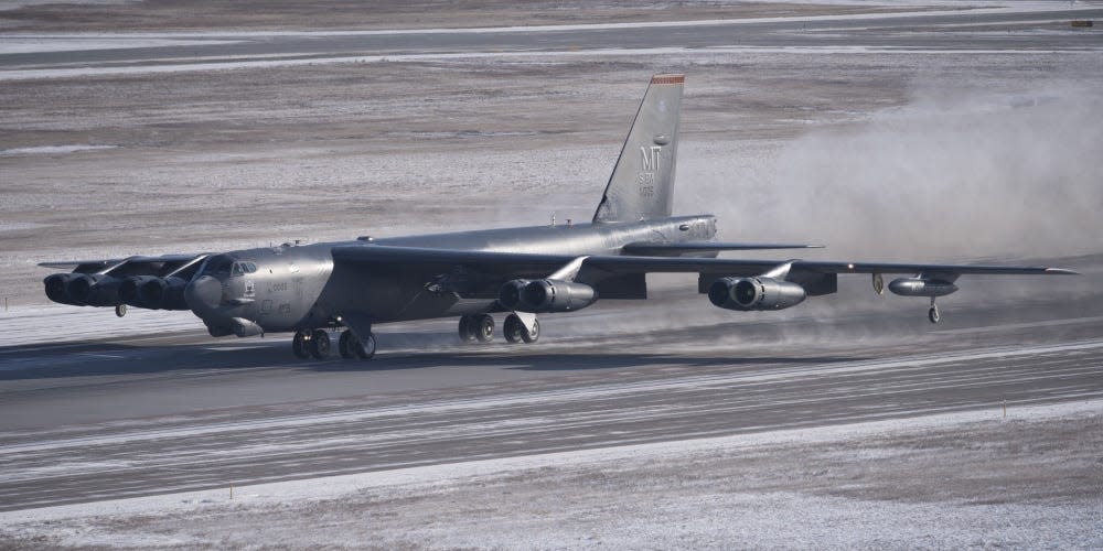 A B-52H Stratofortress takes off from a flighline on Minot Air Force Base, North Dakota, Nov. 21, 2019