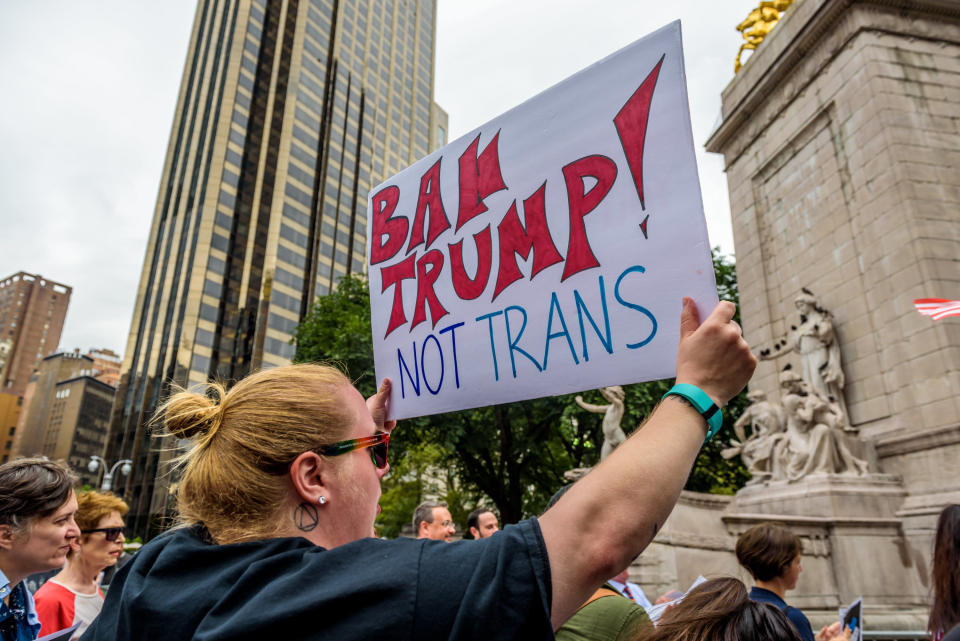New York protesters raise their voices in protest against discrimination towards the LGBT community, in the aftermath of the Trump/Pence decision to ban transgender people from serving in the U.S. military. (Photo by Erik McGregor/Pacific Press/LightRocket via Getty Images)