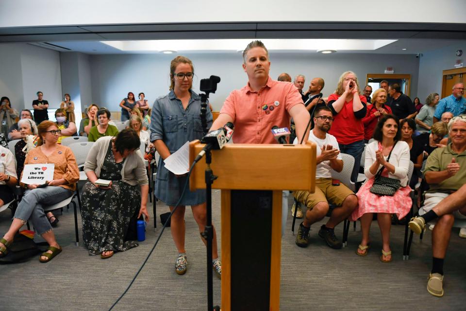 People react after Library Board chairman Alan Hill abruptly adjourned the meeting, refusing to let Stephen Shelato, founder of Freedom of Libraries Advocacy Group, or FLAG, speak during the Greenville County Library Board meeting at Main Library on Monday, June 26, 2023.