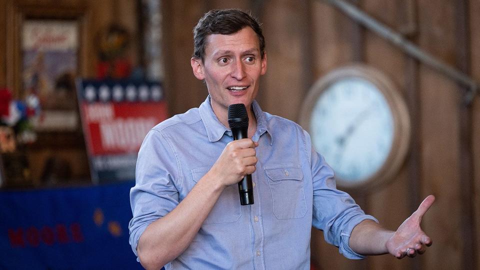 Republican Senate candidate Blake Masters speaks during his town hall event at Miss Kittys Steak House in Williams, Ariz., on Wednesday, July 6, 2022.