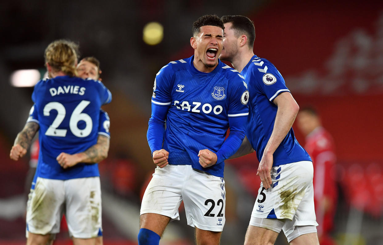 Everton's Ben Godfrey celebrates winning the Premier League match at Anfield, Liverpool. Picture date: Saturday February 20, 2021.