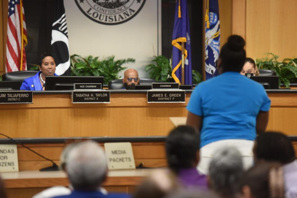 Councilwoman Tabatha Taylor and Councilman James Green listen to a citizen speak against allowing smoking back into the casinos during the  Shreveport City Council meeting on May, 23, 2023, at Government Plaza. 