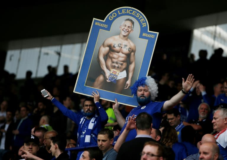 Leicester fans hold up a picture of Gary Lineker wearing underpants at King Power Stadium in Leicester in 2016