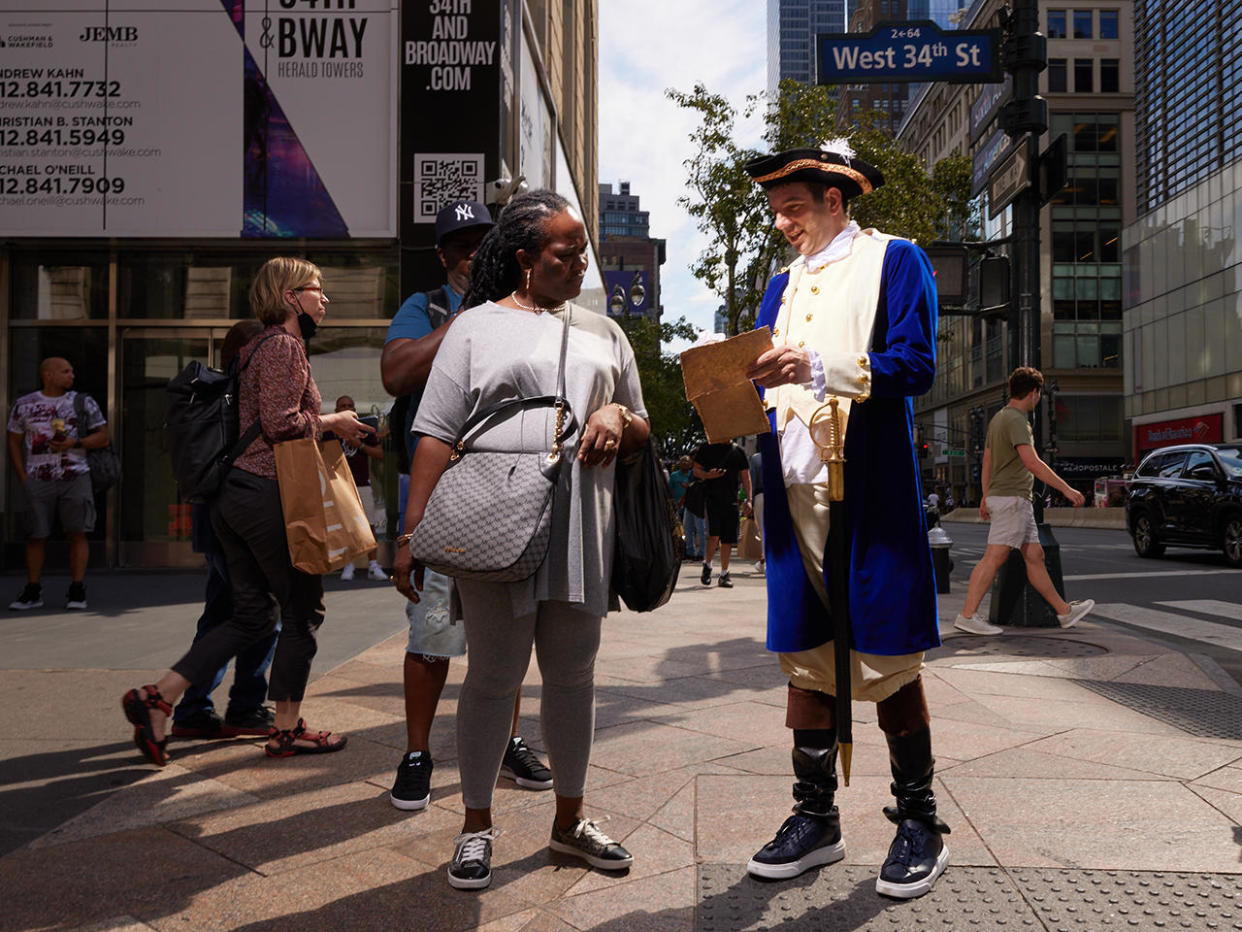 Humorist A.J. Jacobs gets his Colonial-era attire right (except from the ankles down).  / Credit: Reed Young