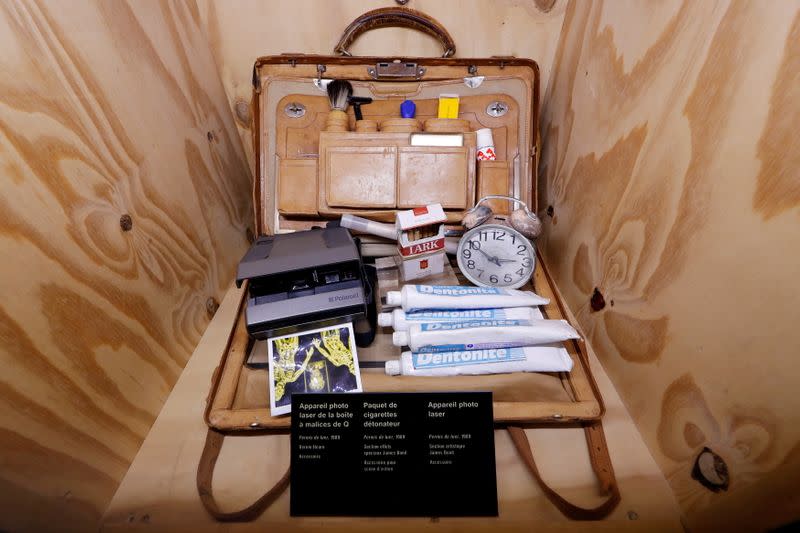 FILE PHOTO: Q'S Bag Of Tricks is displayed during a press presentation of the exhibition "The Designing 007: Fifty Years of Bond Style" at the Grande Halle de la Villette in Paris