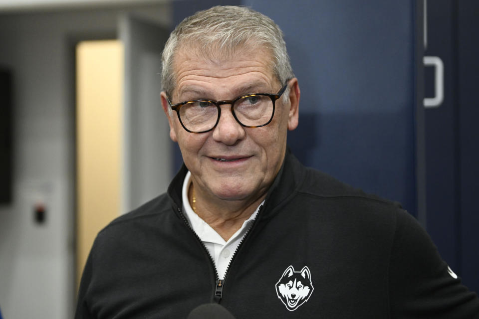 Connecticut women's basketball head coach Geno Auriemma speaks to media during the men's and women's NCAA college basketball teams' first night event in Storrs, Connecticut, Friday, Oct. 14, 2022.  (AP Photo/Jessica Hill)