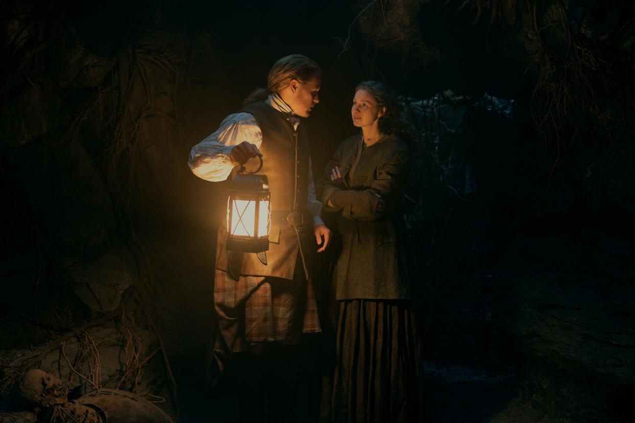 Jamie (Sam Heughan) and Claire (Caitríona Balfe) in "Outlander" season seven, episode three.