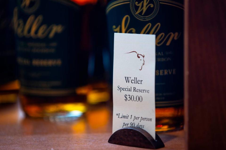 Highly sought-after bourbons, including those like Weller Special Reserve shown here for sale at Buffalo Trace Distillery in Frankfort, Ky., on Thursday, Feb. 9, 2023, have become a hot item. A new Kentucky bill hopes to close a sales loophole on bottles such as these on the secondary market.