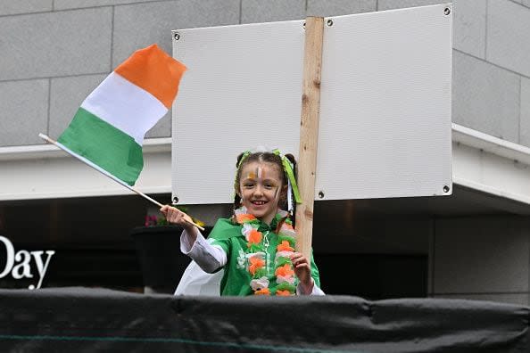 DUBLIN, IRELAND - MARCH 17: A young reveller attends the St Patrick's Day Parade on March 17, 2023 in Dublin, Ireland. 17th March is the feast day of Saint Patrick commemorating the arrival of Christianity in Ireland. (Photo by Charles McQuillan/Getty Images)