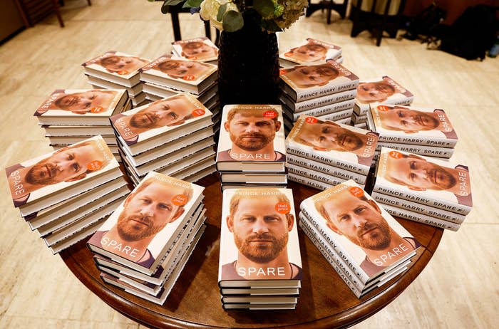 Copies of Prince Harry's autobiography, Spare, displayed at Waterstones bookstore, on Jan. 10, 2023, in London