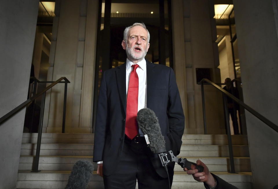 Britain's main opposition Labour Party leader Jeremy Corbyn speaks to the media, in London, Saturday Nov. 16, 2019, following a Labour Party meeting to finalise the party manifesto for their policy ahead of the upcoming General Election. Britain's Brexit is one of the main issues for voters and political parties as the UK goes to the polls in a General Election on Dec. 12. (Dominc Lipinski/PA via AP)