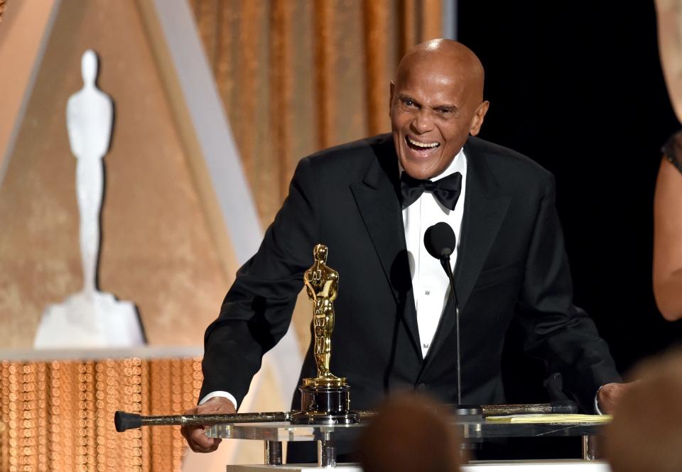 Harry Belafonte accepts the Jean Hersholt Humanitarian Award onstage during the Academy Of Motion Picture Arts And Sciences' 2014 Governors Awards on Nov. 8, 2014, in Los Angeles.