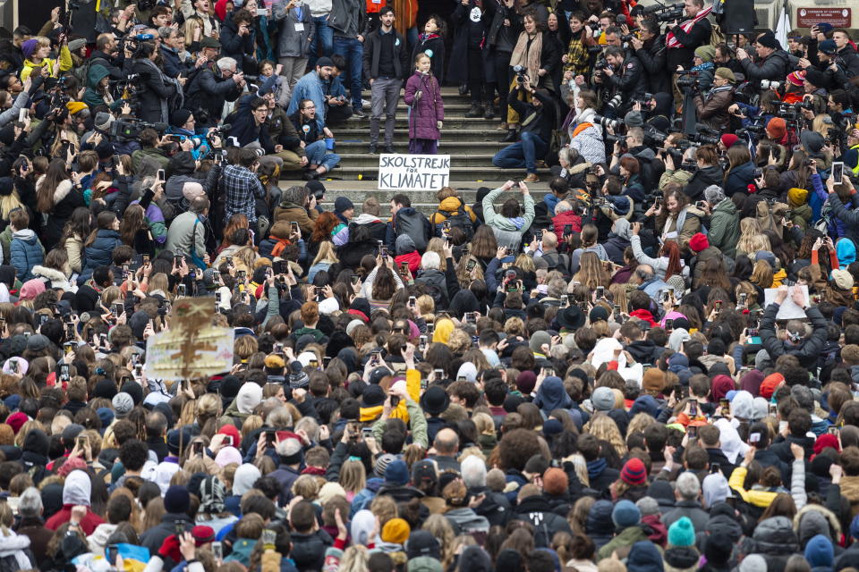 Swedish climate activist Greta Thunberg gives a speech during a environmental  'Fridays for Future' climate strike demonstration to protest a lack of climate awareness, in Lausanne, Switzerland.