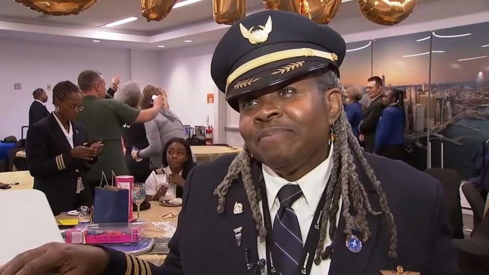 PHOTO: In this screen grab from a video, United Airlines pilot Theresa Claiborne is shown at her retirement party. (WABC)