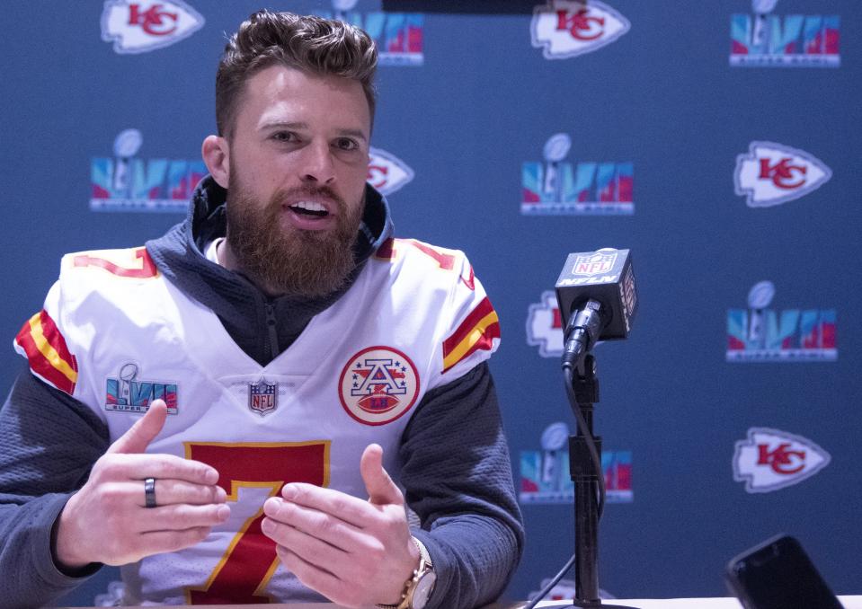 Kansas City Chiefs place kicker Harrison Butker (7) answers questions from the media during team availability at Hyatt Regency Scottsdale Resort and Spa at Gainey Ranch in Scottsdale on Feb. 8, 2023.