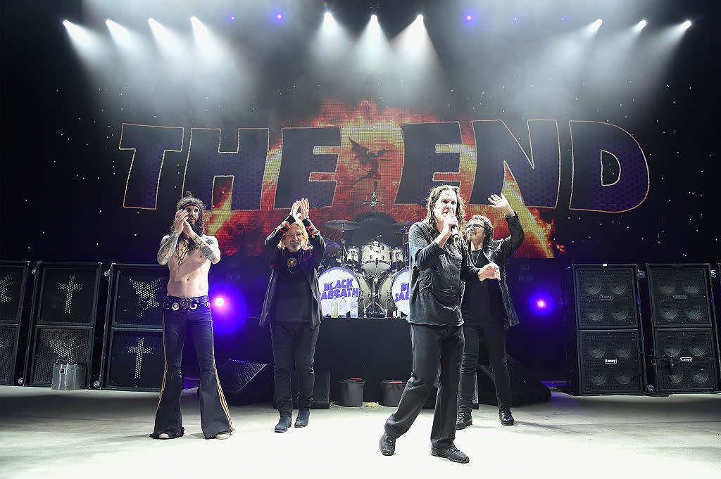 Tommy Clufetos, Geezer Butler, Ozzy Osbourne, and Tony Iommi perform onstage as Black Sabbath on "The End Tour" at Nikon at Jones Beach Theater on August 17, 2016 in Wantagh, New York.