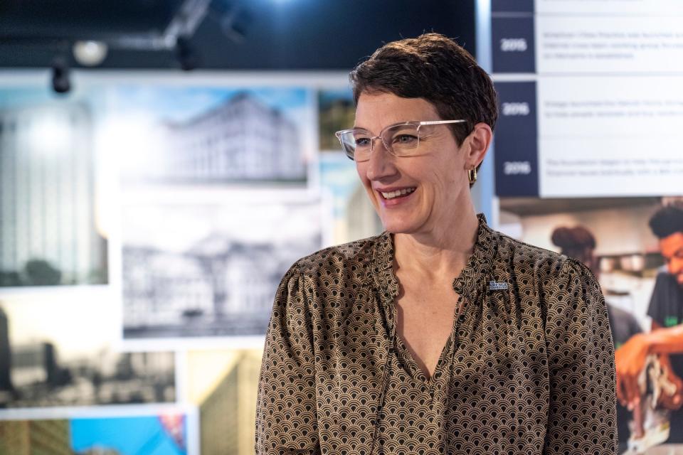 Jennifer Kulczycki, the Kresge Foundation's director of external affairs and communications, talks about some of the foundation's history for the Kresge at 100 exhibition at the Detroit Historical Museum in Detroit on Thu., May 2, 2024.