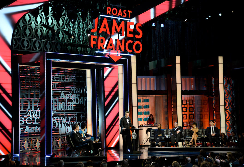 CULVER CITY, CA - AUGUST 25:  (L-R) Nick Kroll, Jonah Hill, Sarah Silverman, Andy Samberg, Roast Master Seth Rogen, Aziz Ansari, Jeff Ross, Natasha Leggero and Bill Hader onstage during The Comedy Central Roast of James Franco at Culver Studios on August 25, 2013 in Culver City, California. The Comedy Central Roast Of James Franco will air on September 2 at 10:00 p.m. ET/PT.  (Photo by Jason Merritt/Getty Images for Comedy Central)