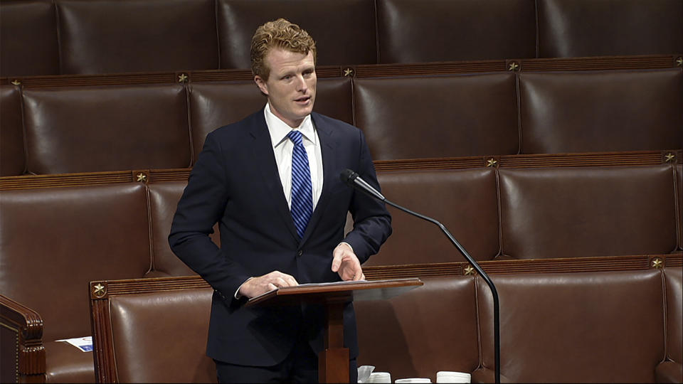 In this image from video, retiring Rep. Joe Kennedy III, D-Mass., speaks on the floor of the U.S. House Wednesday, Dec. 9, 2020, on Capitol Hill in Washington. (House Television via AP)