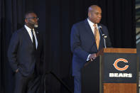 CORRECTS POSITIONS OF IDS - Chicago Bears president Kevin Warren, joined by Chicago Mayor Brandon Johnson, left, speaks during a news conference where NFL football team unveiled a nearly $5 billion proposal Wednesday, April 24, 2024, in Chicago, for an enclosed stadium next door to their current home at Soldier Field.(AP Photo/Teresa Crawford)
