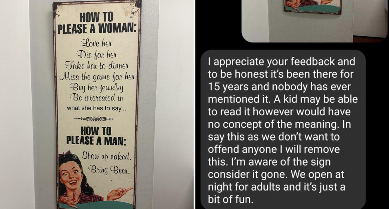 Left, the sign in the boys' bathroom listing the ways to 'please a woman' and 'please a man'. Right, the owner of the Tiddlywinks Dance centre respond's to the man's complaint in a message. Source: Reddit