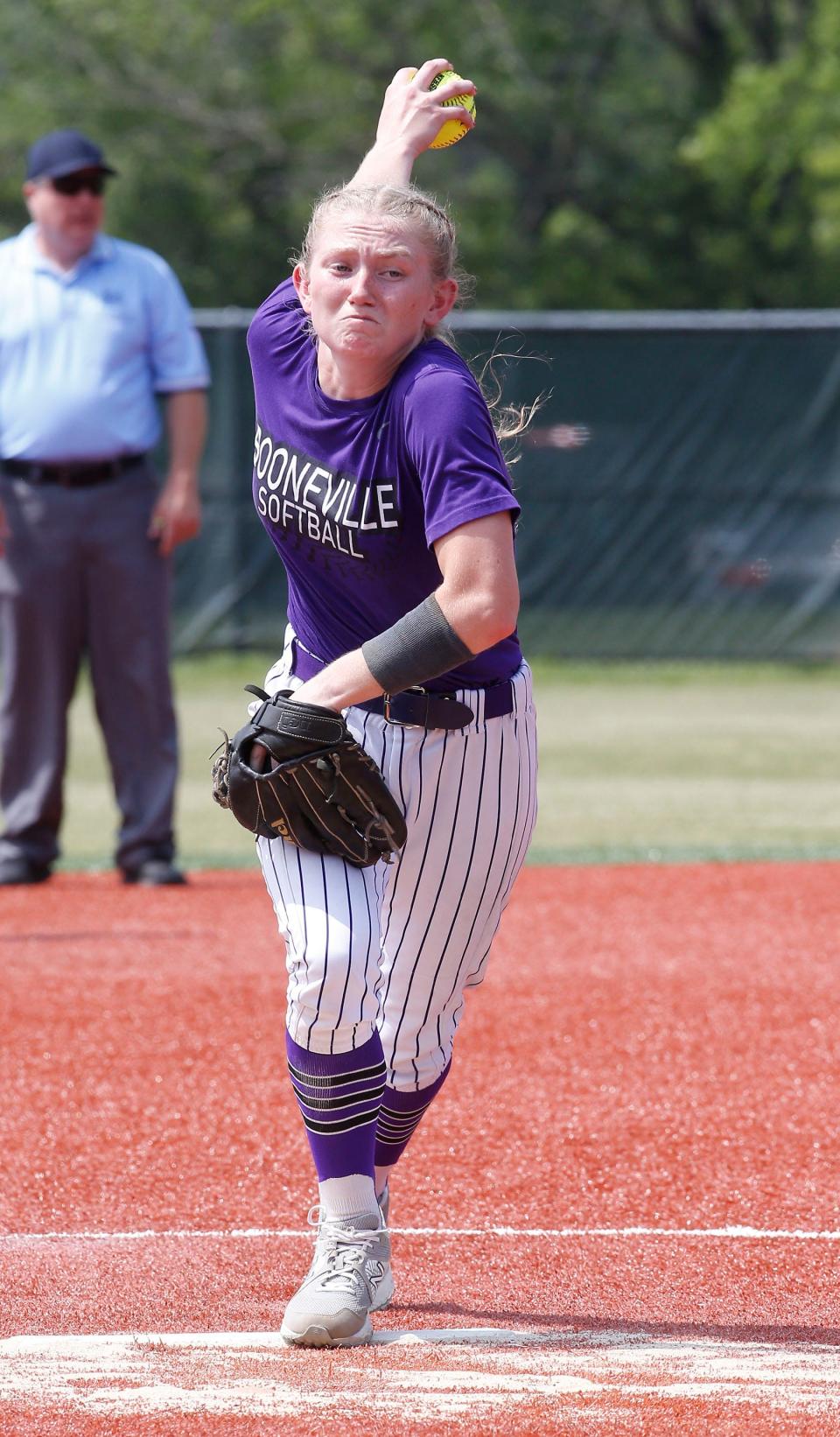 Booneville pitcher Lexi Franklin (2) warms up during the 3A-1 Regional finals against Lincoln at AJ Allen Park on May 9, 2022, in Greenland.