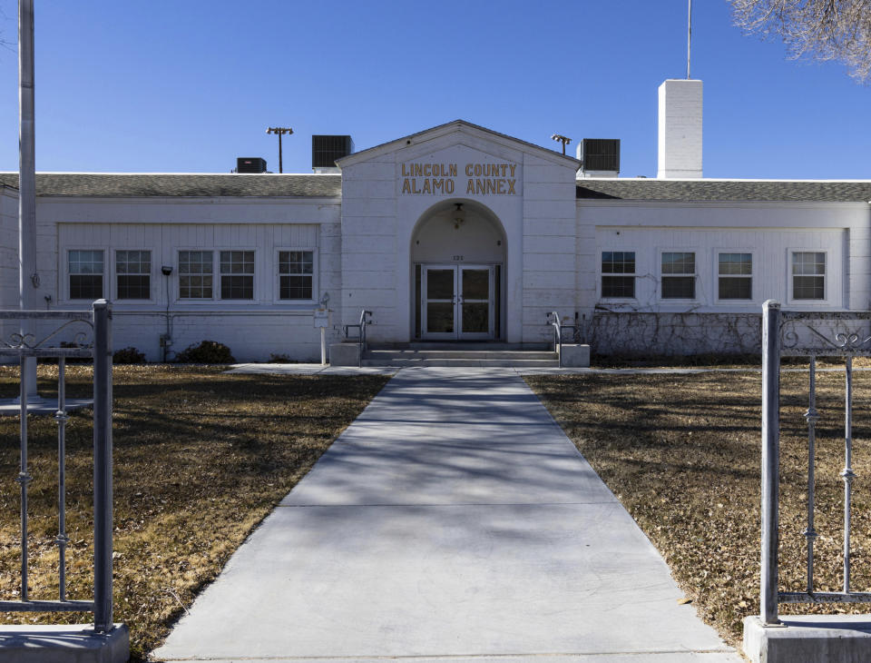 The Lincoln County Alamo Annex is shown, on Friday, Feb. 10, 2023, in Alamo, Nevada. The town of Alamo board has requested the Lincoln County Commission to change its ordinance to permit the sale of alcoholic beverages in the town's limits. (Bizuayehu Tesfaye/Las Vegas Review-Journal via AP)