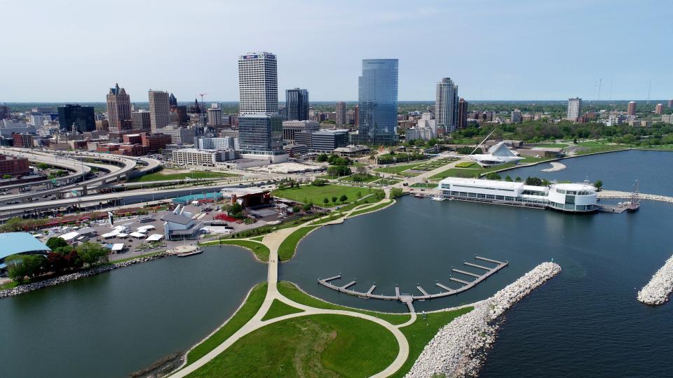 A drone provides an aerial view of the Milwaukee lakefront, including the Summerfest grounds, Lakeshore State Park and Discovery World, on June 3, 2019.