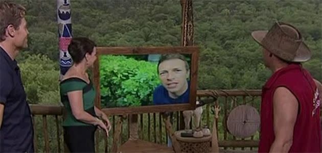 Shane receives a video message from Chris Martin. Photo: I'm A Celebrity... Get Me Out Of Here!