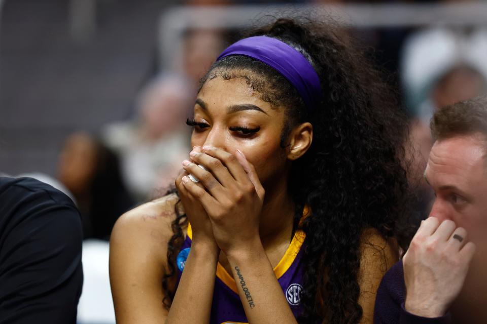 LSU forward Angel Reese (10) reacts in the fourth quarter against the Iowa Hawkeyes in the 2024 NCAA Tournament Monday night.