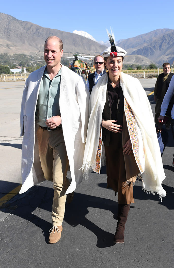 Kate Middleton and Prince William in the Himalayan foothills in Northern Pakistan. Kate is wearing a traditional Chitrali hat like the one Princess Diana wore for her own visit in 1991.