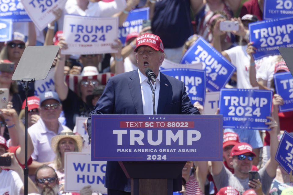 Former President Donald Trump on Saturday, July 1, 2023, in Pickens, S.C. Thousands were in attendance at the rally in the small city's downtown streets, Trump's first campaign event in the early-voting state since January. (AP Photo/Meg Kinnard)