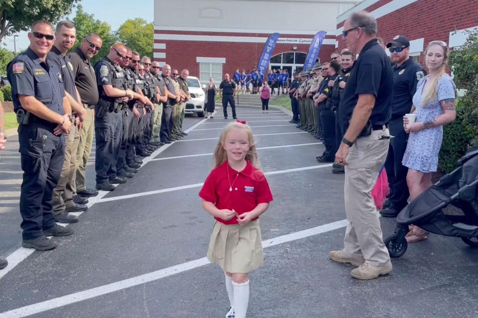Police Officers Take 5-year-old to School to Honor Her Father Who Died on Duty. https://www.facebook.com/watch/? v=2464793306996874. La Vergne Police Department