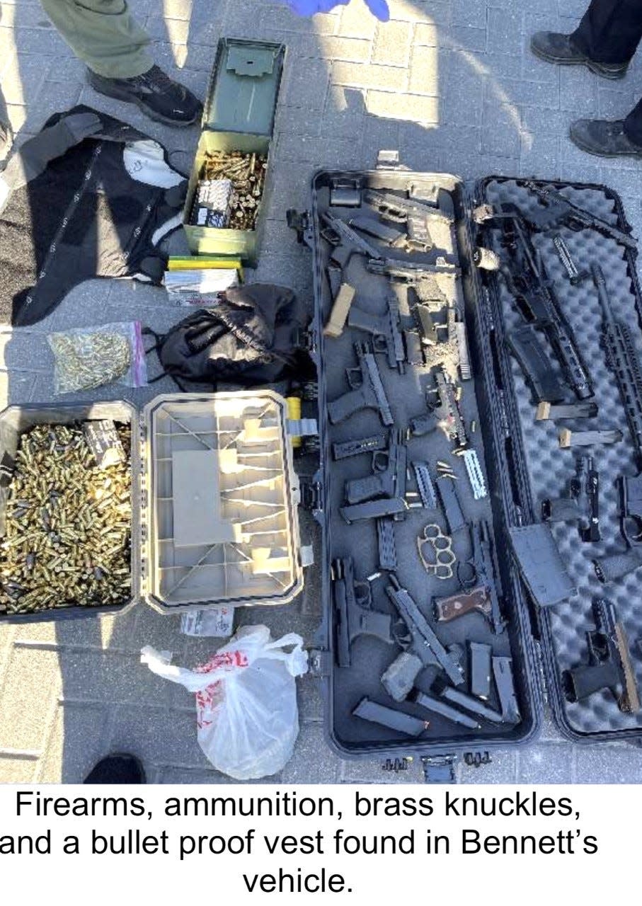 Naples police said they seized 14 handguns, three rifles including two AR-15 style rifles, hundreds of rounds of ammunition, brass knuckles, and a bulletproof vest from a Pierson man on Friday. Micah Weiss Bennett, 26 showed up at a Jaguar dealership armed with a rifle.