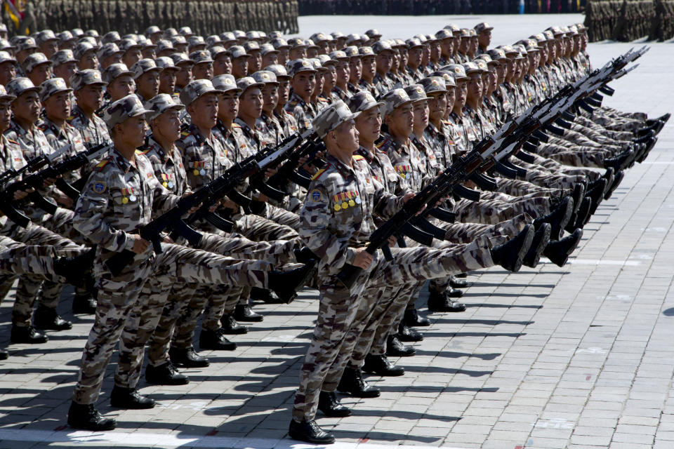 Soldiers march past during a parade for the 70th anniversary of North Korea's founding day in Pyongyang, North Korea, Sunday, Sept. 9, 2018. North Korea staged a major military parade, huge rallies and will revive its iconic mass games on Sunday to mark its 70th anniversary as a nation. (AP Photo/Ng Han Guan)